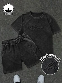 Manfinity Roughcore Men's Garment-Dyed Puff Print T-Shirt & Shorts Set, Casual Streetwear Two-Piece Outfit For Daily Wear, Fall Clothes, New Fall Styles - Black - View 2