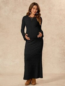 Boho Mama 孕婦純色圓領長袖修身優雅洋裝 - 黑色 - 查看 5