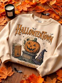 SHEIN LUNE 復古 Halloween Town Est 1988 連帽衫，復古萬聖節南瓜套頭衫，萬聖節圖案 T 恤 - 杏色 - 查看 3