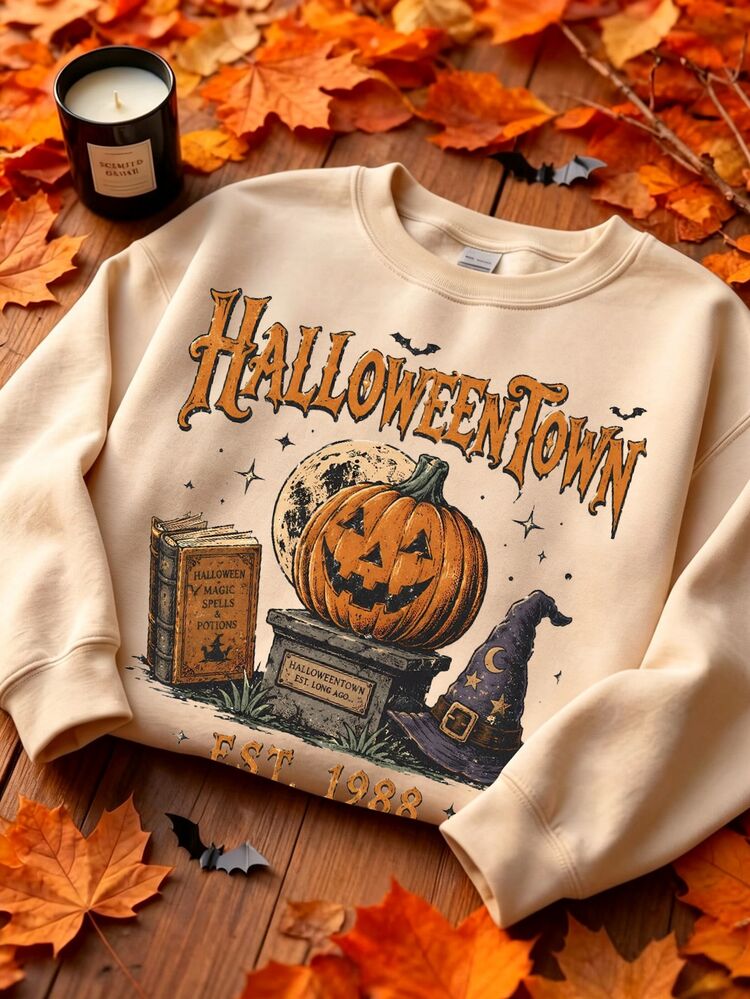 SHEIN LUNE Vintage Halloween Town Est 1988 Hoodie, Retro Halloween Pumpkin Pullover, Halloween Graphic Tee - Apricot - View 3
