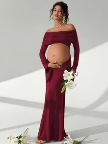 Cheriluna Maternity 女款露肩抓皺短版上衣 長袖緊身 孕婦拍照拍攝用 - 酒紅色 - 查看 5