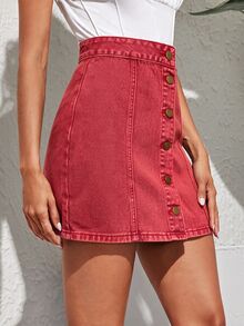 SHEIN EZwear 女款鈕扣休閒百搭日常牛仔迷你裙 - 西瓜粉 - 查看 4