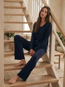 DAZY Women's Solid Color V-Neck Long Sleeve Top And Pants Casual Loungewear Set Fall - Blue - View 3