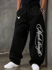 Sport MetroGents Men's Drawstring Waist Letter Print Casual Daily Travel Sports Long Pants, Gym - Black - View 1