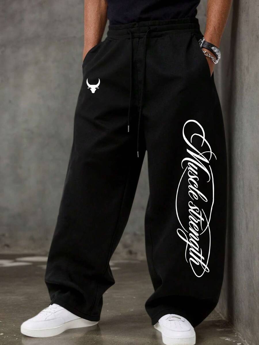 Sport MetroGents Men's Drawstring Waist Letter Print Casual Daily Travel Sports Long Pants, Gym - Black - View 1