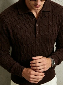 TONEVAULT Men's Cable Knit Polo Collar Long Sleeve Casual Sweater - Brown - View 2