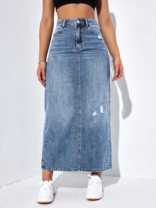 SHEIN EZwear 女款休閒百搭牛仔裙，附口袋、鈕扣與破洞設計 - 中等水洗藍 - 查看 1