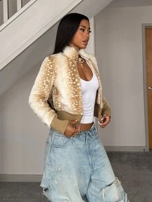 SHEIN HypeZone Jaket Bulu Imitasi Musim Dingin Serbaguna Wanita dengan Desain Blok Warna, Warna Krem Putih untuk Acara Malam Hari di Jalanan - MultiWarna - View 4