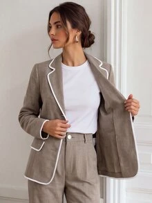 Easowa Women's Piped Long Sleeve Jacket And Pants Casual Commute Suit Set - Khaki - View 5