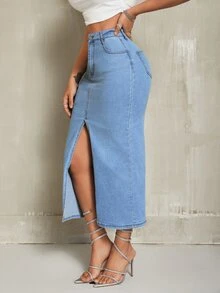 SHEIN SXY 女款高腰口袋開衩休閒牛仔裙 - 淺色水洗藍 - 查看 6