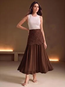 Anewsta 女款新款水溶性鏤空刺繡拼接抓皺大傘擺時尚優雅百搭半身裙 - 咖啡棕 - 查看 3