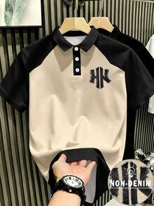 Manfinity Hypemode 美式復古做舊丹寧效果對比色 NY 字母印花 Polo 衫，有領休閒上衣，男女款圖案 T 恤，適合日常通勤與夏季休閒穿著 - 彩色 - 查看 1
