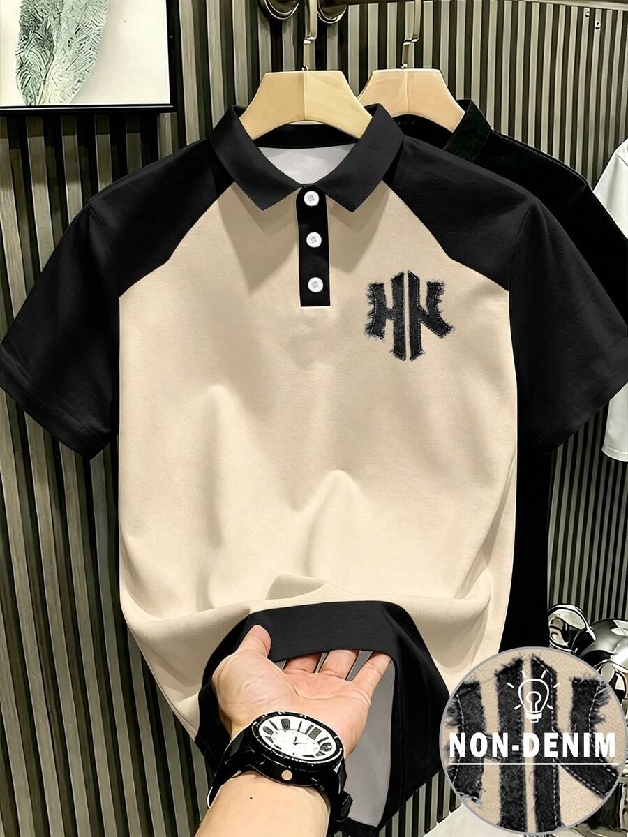 Manfinity Hypemode 美式復古做舊丹寧效果對比色 NY 字母印花 Polo 衫,有領休閒上衣,男女款圖案 T 恤,適合日常通勤與夏季休閒穿著 - 彩色 - 查看 1