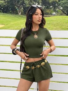 SHEIN EZwear 女款夏季休閒短袖T恤與短褲套裝 - 軍綠色 - 查看 3