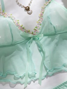PetitDoll 2件組女款內衣，花卉水溶性刺繡與透視網紗設計 - 薄荷綠 - 查看 7