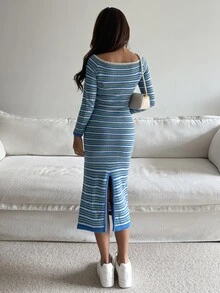 Strévra Women's Striped Colorblock Casual Everyday Knit Dress Fall - Blue - View 2
