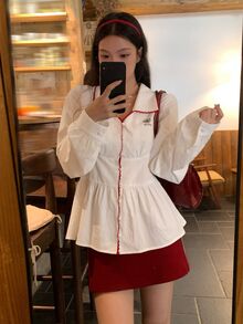 DAZY Women's Colorblock Pleated Casual Versatile Daily Wear Shirt Fall Vacation - White - View 5