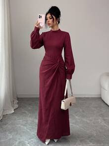 SHEIN Elenzya Gaun Pesta Elegan Wanita, Gaun Panjang Merah, Desain untuk Musim Gugur/Dingin - Merah - View 6