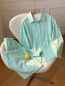 Comfortcana Women's Striped Fruit Long Sleeve Single-Breasted Casual Shirt And Pants Set - Mint Green - View 4