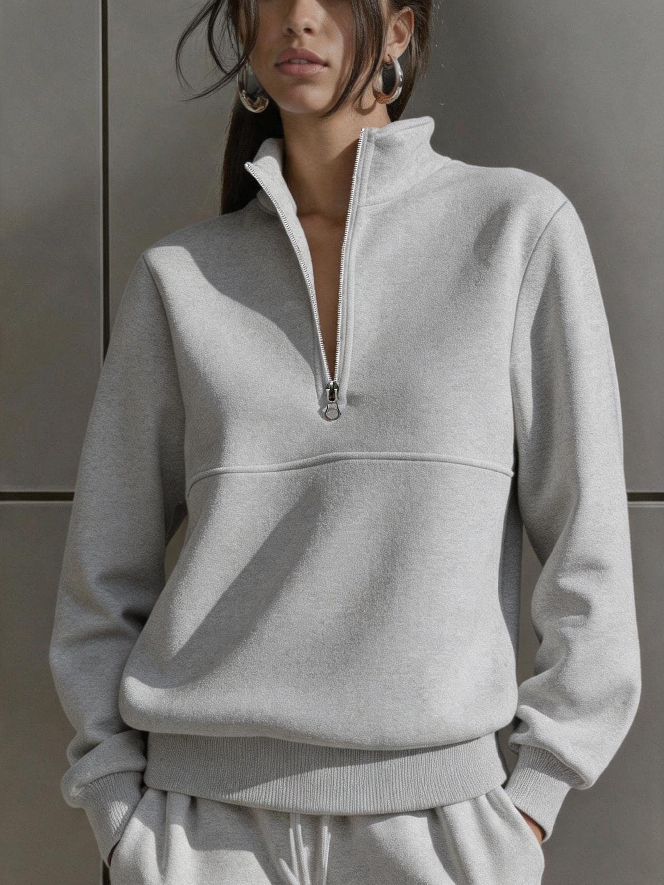 SHEIN EZwear 女款純色長袖半拉鍊休閒運動衫 - 灰色 - 查看 1