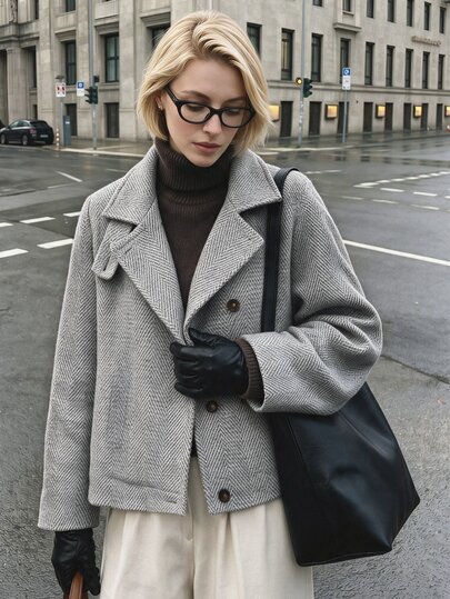 Struktiv 2026 New Autumn/Winter Women's Stand Collar Herringbone Wool Blend Button-Up Loose Jacket, Urban Commute Daily Casual Outerwear, Streetwear Afternoon Tea Jacket