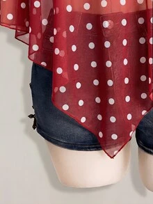 SHEIN ICON 女款大尺碼波點網紗不對稱上衣 - 紅色 - 查看 7