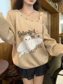 DAZY Women's Letter Cartoon Print Cold Shoulder Casual Daily Long Sleeve Sweatshirt Fall - Coffee Brown - View 7