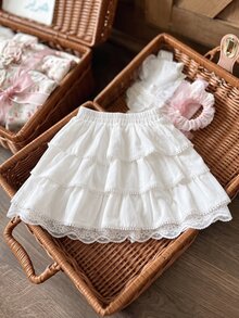 SHEIN 女童 4-7 歲白色棉混紡多層裙，觸感柔軟，時尚甜美，適合學校、外出等多種場合 - 白色 - 查看 3