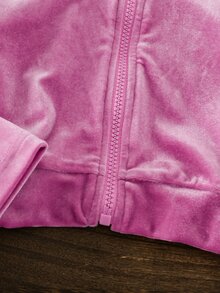 SHEIN Vintaside Kids 女童天鵝絨連帽長袖外套與長褲套裝，適合秋冬穿著，時尚百搭，穿著舒適 - 玫紅色 - 查看 4