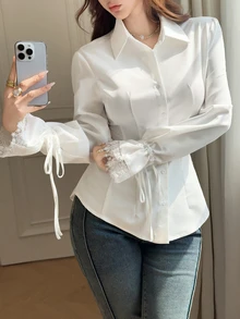 Feyla 女款蕾絲拼接休閒百搭日常穿著襯衫 - 白色 - 查看 6