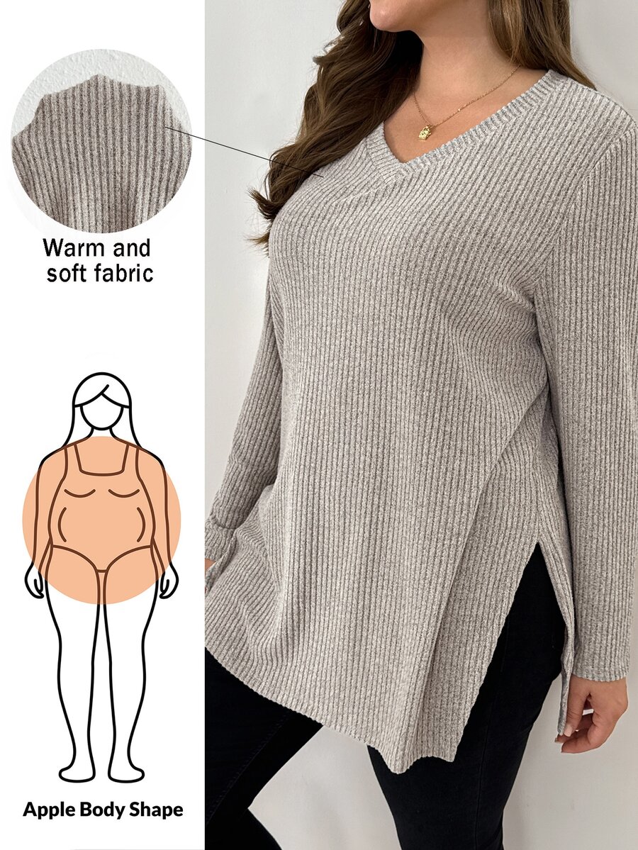 Shapeblank Plus Size Versatile Fashion Long Sleeve T-Shirt With Split Hem, Fall, Going Out Top, Simple Style, Warm Autumn Top T-Shirt For Women Fall/Winter - Apricot - View 1