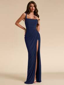 SHEIN BAE Spring/Summer Solid Sage Green Women's Strapless Ruched Fitted High Slit Ruched Maxi Mesh Dress, Tight Elegant Dress, Flowy Dress, Suitable For Vacation, Beach, Bridesmaid, Wedding, Spring/Summer Wear - Navy Blue - View 5
