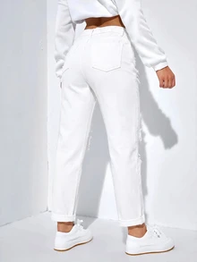 SHEIN EZwear 女款休閒日常穿著牛仔褲，附口袋、鈕扣與破洞設計 - 白色 - 查看 2