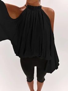 SHEIN BAE 女款純色露肩休閒百搭日常穿著上衣 - 黑色 - 查看 8
