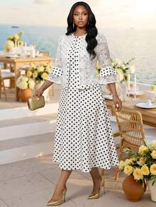 SHEIN Lady Set 2 Potong Busana Wanita: Gaun Polkadot dan Kardigan Lengan Panjang - Hitam dan Putih - View 3