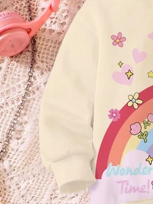 Nick 90s | SHEIN Nik Helga G. Pataki 女嬰 2 件套，甜美風格卡通彩虹印花上衣，花朵蝴蝶結滿版印花鬆緊長褲，可愛卡通休閒 2 件套幼兒套裝，適合春/秋/冬 - 杏色 - 查看 3