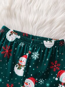 小男孩聖誕秋冬針織修身長袖圓領印花雪花雪人睡衣套裝 - 綠色 - 查看 9