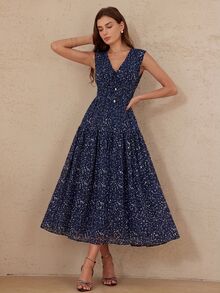 BELROSIE 法式復古極簡優雅女款日常度假雪紡波點V領前綁帶收腰顯瘦喇叭袖無袖洋裝 - 藏蓝色 - 查看 2
