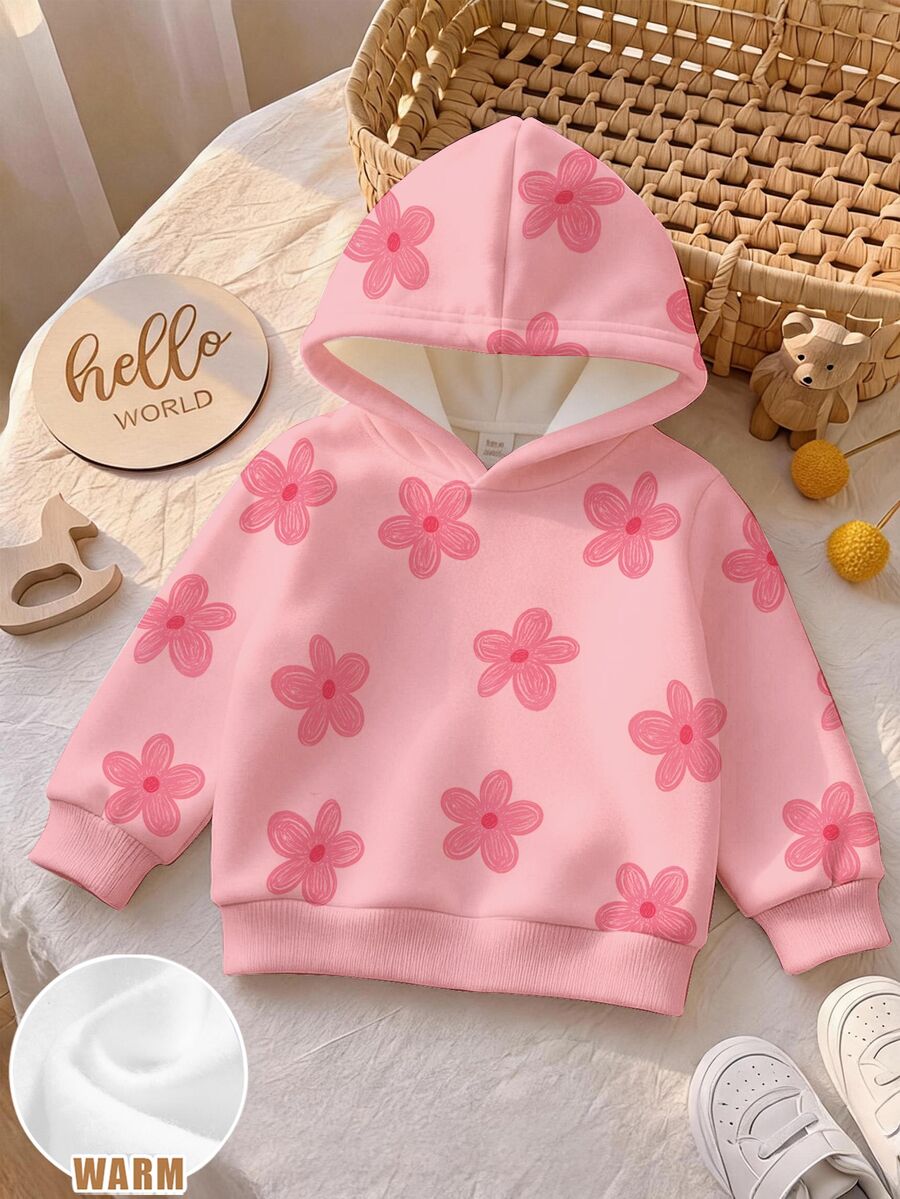 SHEIN Baby Girls Tops Knit Pink Floral Print Long Sleeve Pullover Hooded Drop Shoulder Sweatshirt Autumn/Winter Fall Party Family Cute Matching - Multicolor - View 1