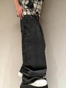 STEELVANCE 街頭風復古時尚百搭磨損鉚釘設計自由女神字母印花寬鬆直筒寬腿休閒牛仔褲 - 黑色 - 查看 4