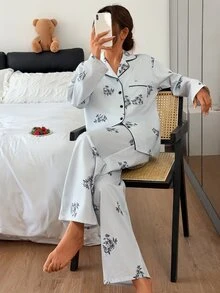 DAZY Women's Floral Print Long Sleeve Top And Pants Casual Daily Home Pajama Set Fall - Blue - View 6