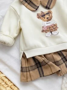 SHEIN Babygirl Cute College Style Casual Cartoon Pattern Collared Autumn Winter Dress - White - View 7