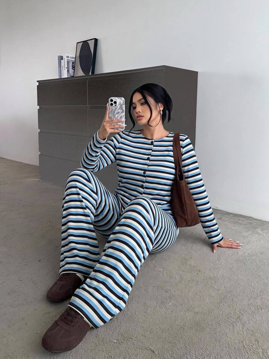 Solavibe Plus Size White Stripe Knit Set, High Waist Wide Leg Pants For Autumn Travel Date Formal Office Vacation, Matching Two Pieces Set, Casual Tropical - Yellow - View 1