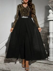 Reflora Mono de moda diario para mujer talla grande con cuello en V y decoración de strass - Negro - Ver 4