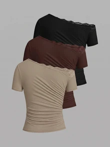 SHEIN Clasi 女款蕾絲拼接單肩修身百搭休閒T恤 - 彩色 - 查看 2