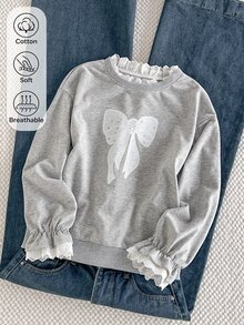 SHEIN 女童休閒韓系拼接白色蕾絲刺繡領口袖口喇叭蕾絲袖衛衣，適合外出、上學、通勤 - 淺灰色 - 查看 1