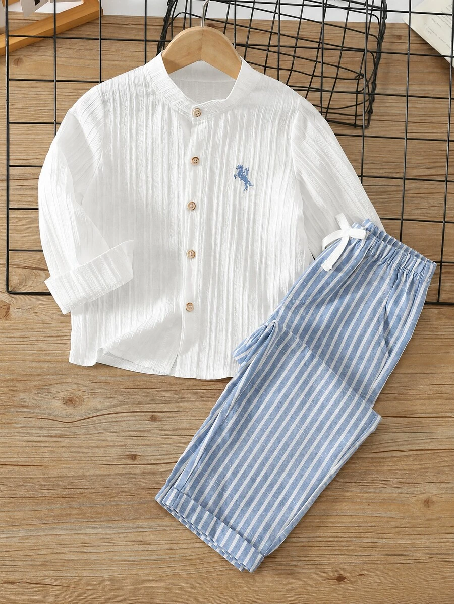 PrepCrw 兒童小男孩學院風刺繡Logo立領長袖襯衫/長褲套裝 - 藍色 - 查看 1
