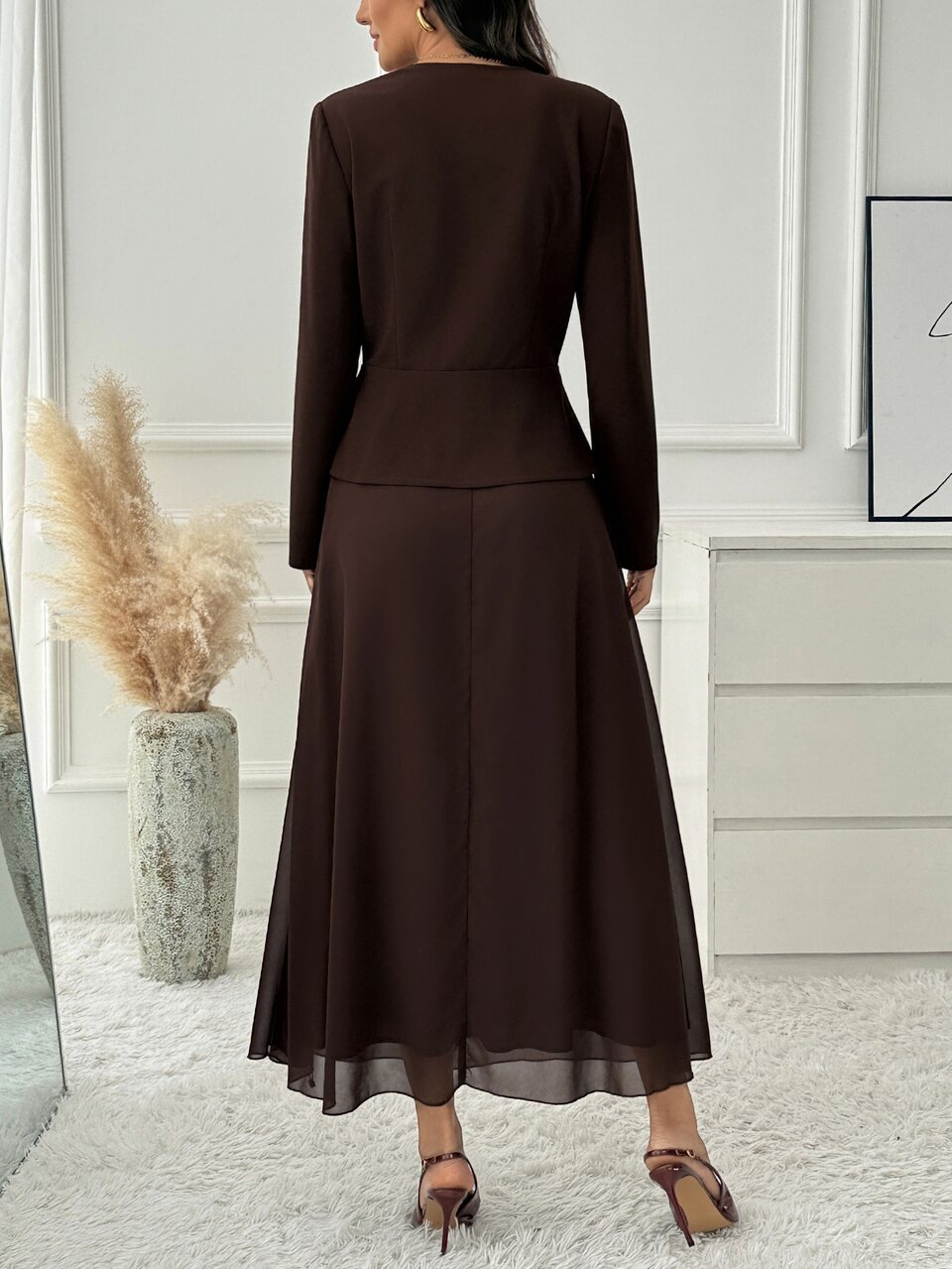 Women's Elegant Solid Color Suit Set, Autumn Blazer And Chiffon Maxi Skirt Two Pieces Set, Single-Breasted Formal Outfit, Suitable For Tea Party And Wedding