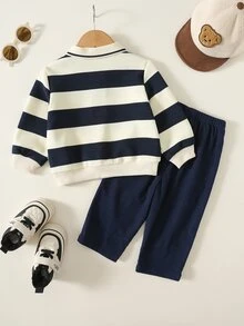 SHEIN 男嬰卡通熊與條紋圖案圓領長袖套頭運動衫與鬆緊腰長褲 2 件套 - 彩色 - 查看 2