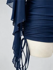 Sunspun Set 2 Potong Atasan Transparan dan Gaun Cami Ketat dengan Tali Serut untuk Musim Semi/Panas Ukuran Besar - Navy Blue - View 7